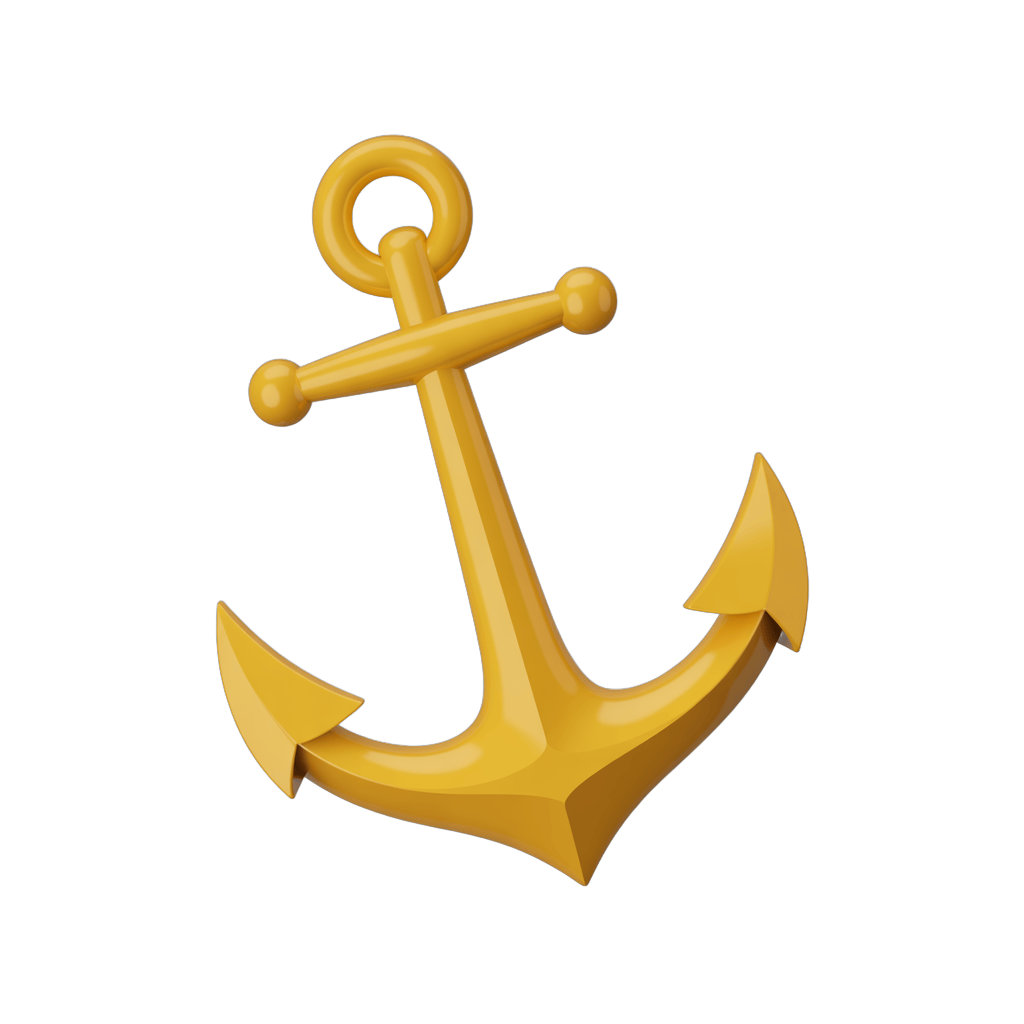 Golden 3d anchor graphic element for nautical themes and maritime branding designs PNG - transparent background