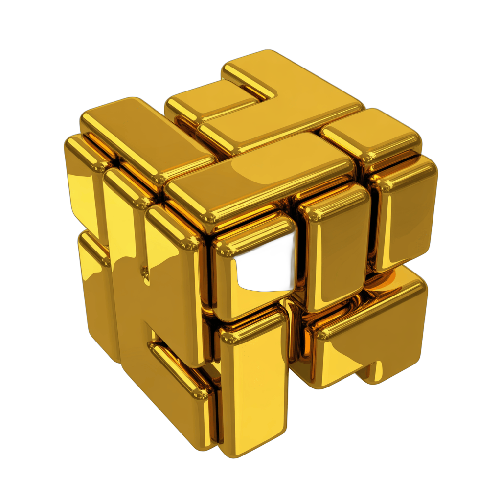 Golden 3d puzzle cube graphic element with metallic texture for modern design projects PNG - transparent background