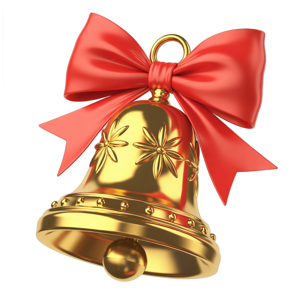 Golden christmas bell with red satin bow isolated clipart for holiday marketing designs PNG - transparent background