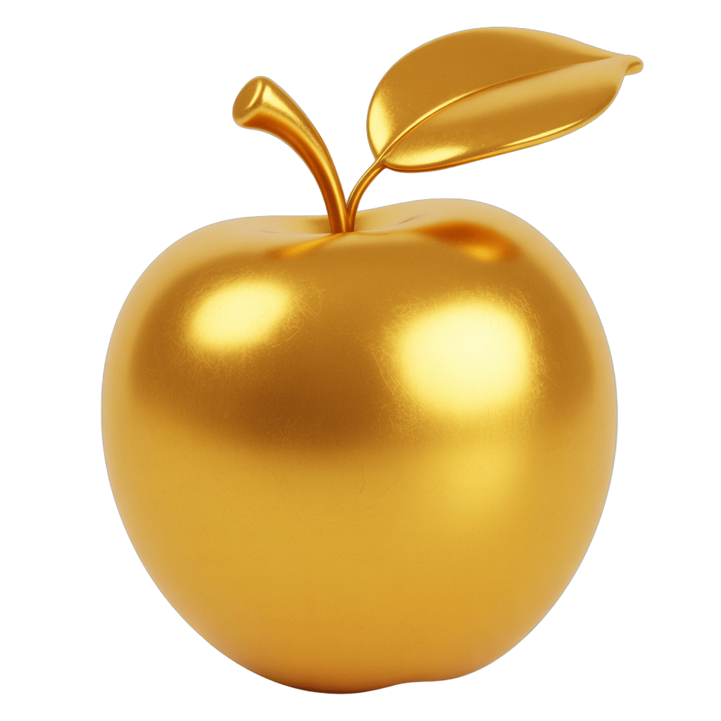 Golden shiny apple illustration isolated on transparent background for luxury branding PNG - transparent background