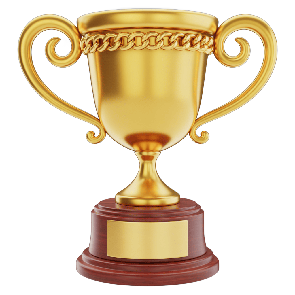 Golden trophy cup with handles and plaque for awards ceremony presentation and success celebration PNG - transparent background