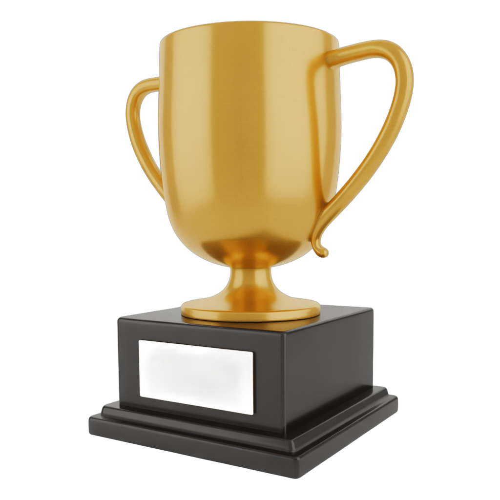 Golden trophy cup with handles on black base for awards ceremony presentation and success celebration PNG - transparent background