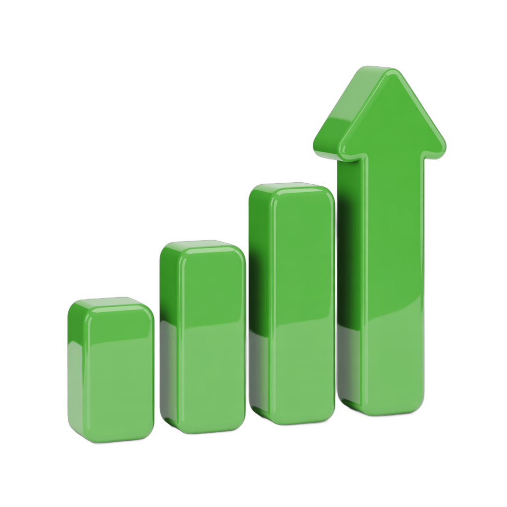 Green 3d bar chart with upward arrow showing business growth and success for presentations and reports PNG - transparent background