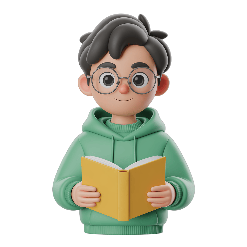 Happy cartoon boy reading an open book with glasses and green hoodie for education and learning content PNG - transparent background