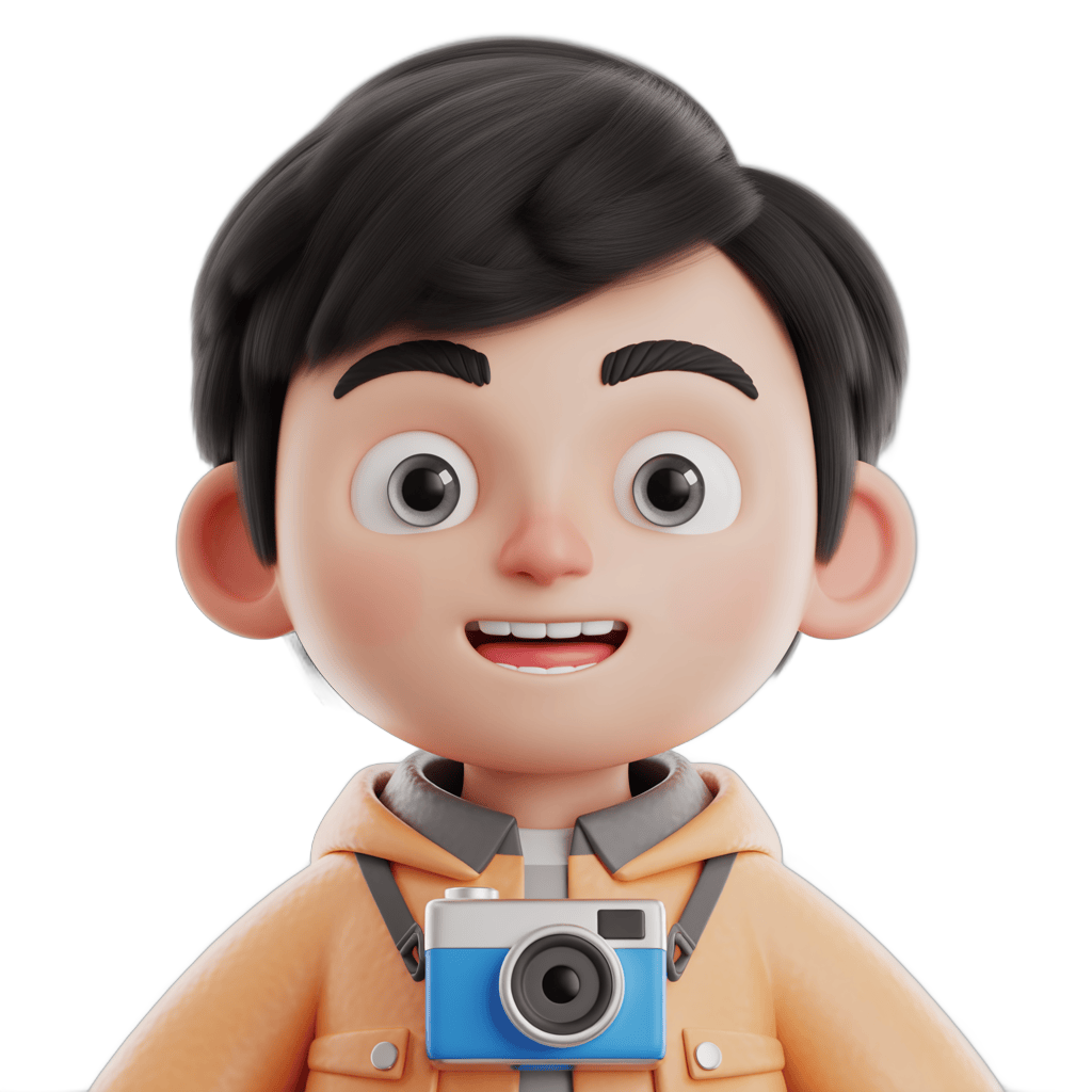 Happy cartoon boy with camera ready for photography adventure and creative projects PNG - transparent background