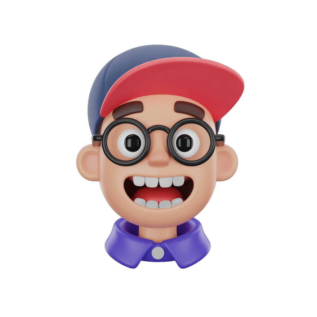 Happy cartoon boy with glasses and red cap wearing purple shirt for cheerful presentations and branding PNG - transparent background