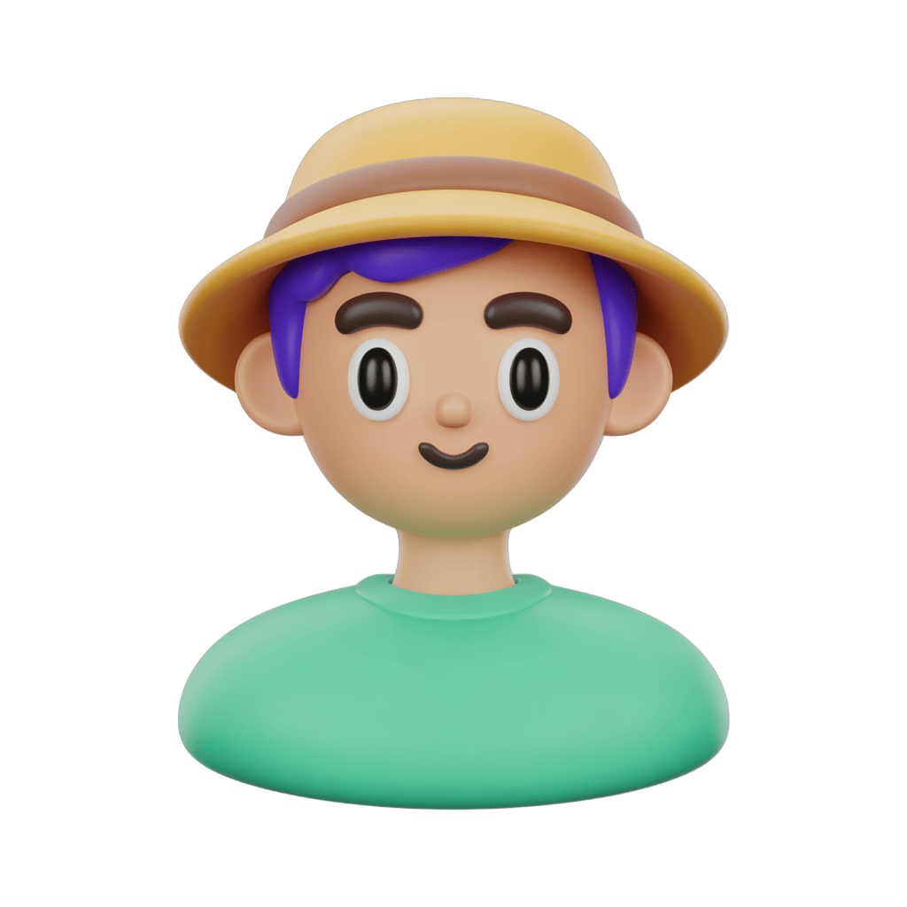 Happy cartoon boy with purple hair wearing straw hat and green shirt isolated clipart PNG - transparent background