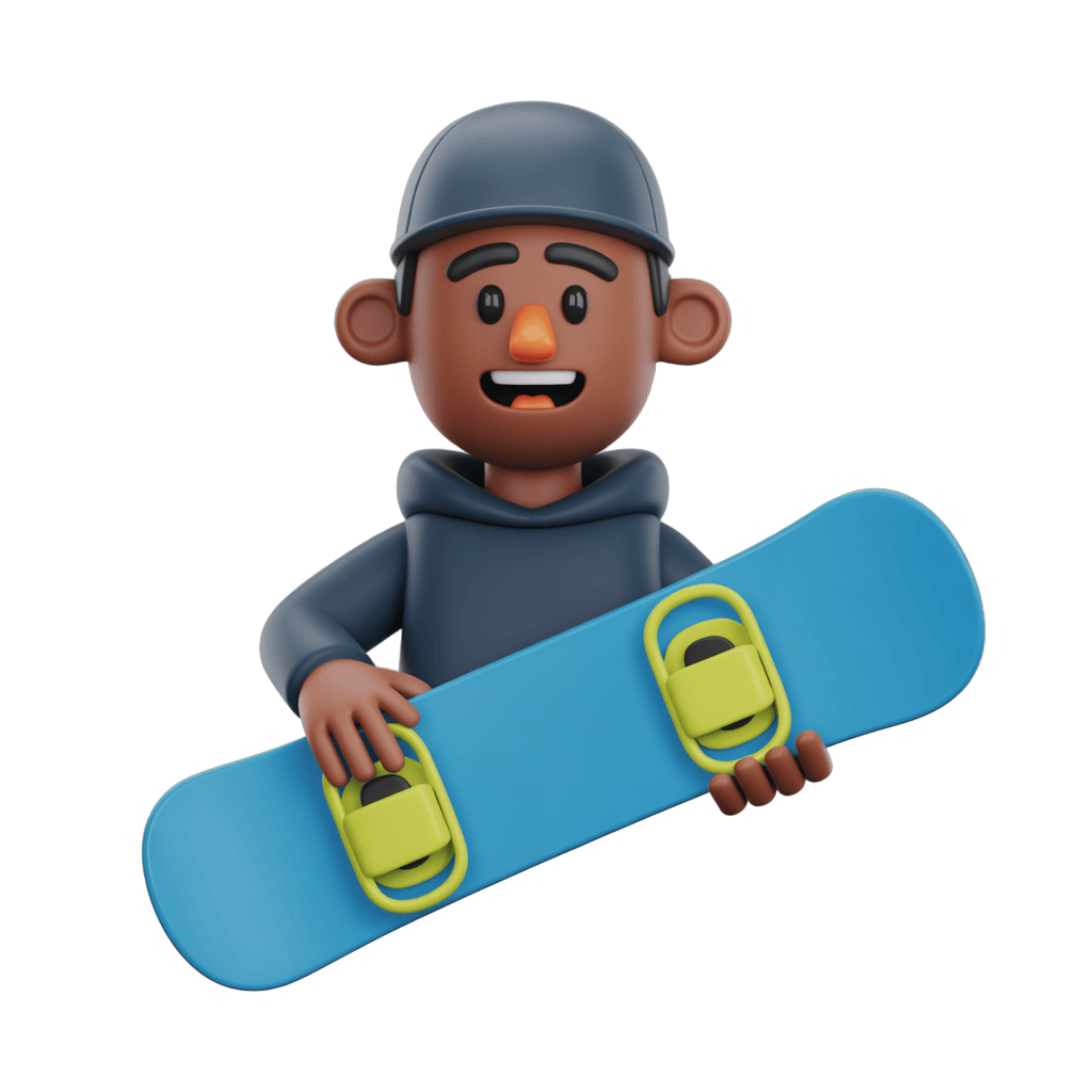 Happy cartoon character holding blue snowboard with yellow bindings for winter sports graphics PNG - transparent background