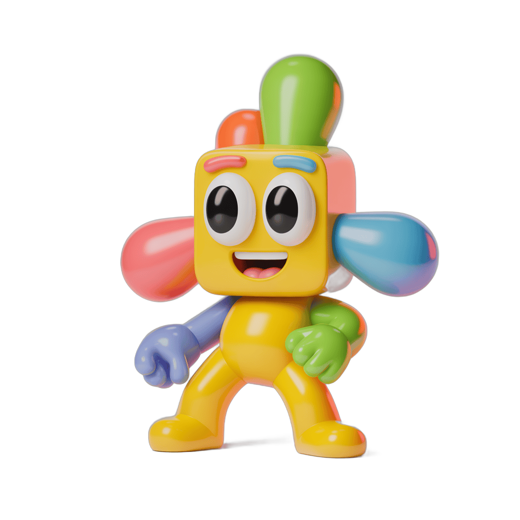 Happy cartoon character holding colorful balloons for children party decoration PNG - transparent background