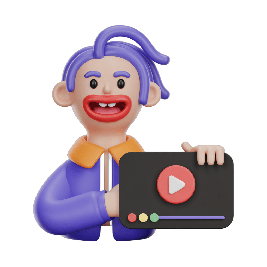 Happy cartoon character holding youtube play button for video content and online tutorials PNG - transparent background