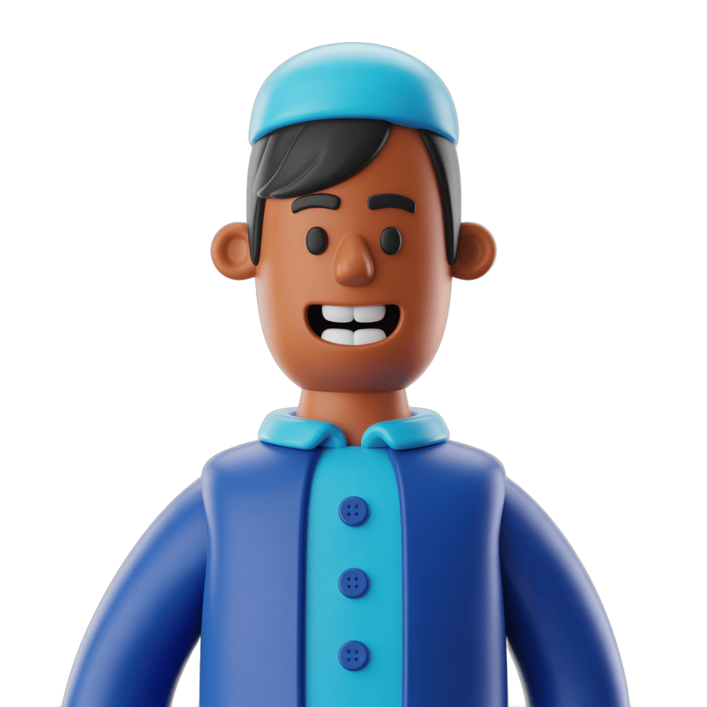 Happy cartoon character in blue uniform and cap smiling for cheerful educational or corporate presentations PNG - transparent background