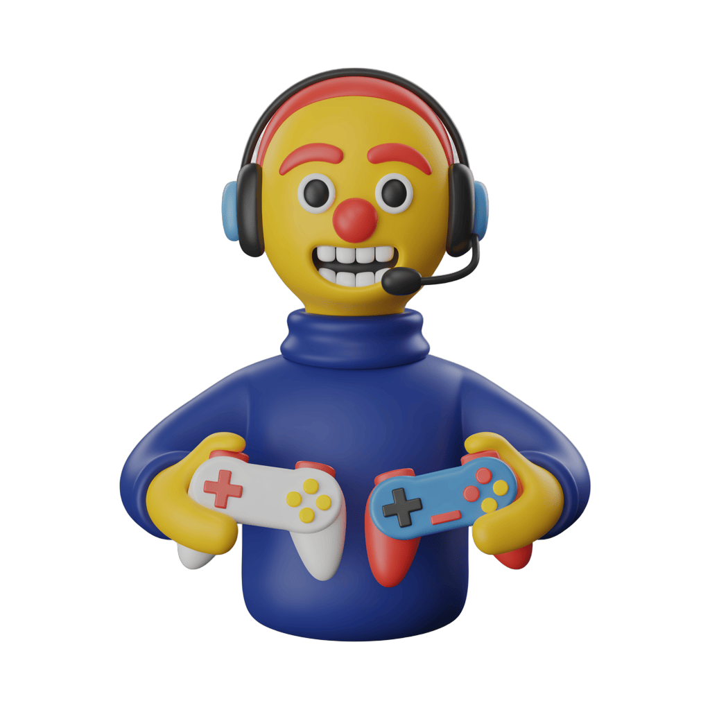 Happy cartoon gamer avatar holding dual controllers for gaming graphics and presentations PNG - transparent background