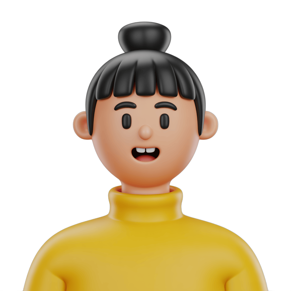 Happy cartoon girl with bun hair in yellow turtleneck isolated clipart for digital projects PNG - transparent background
