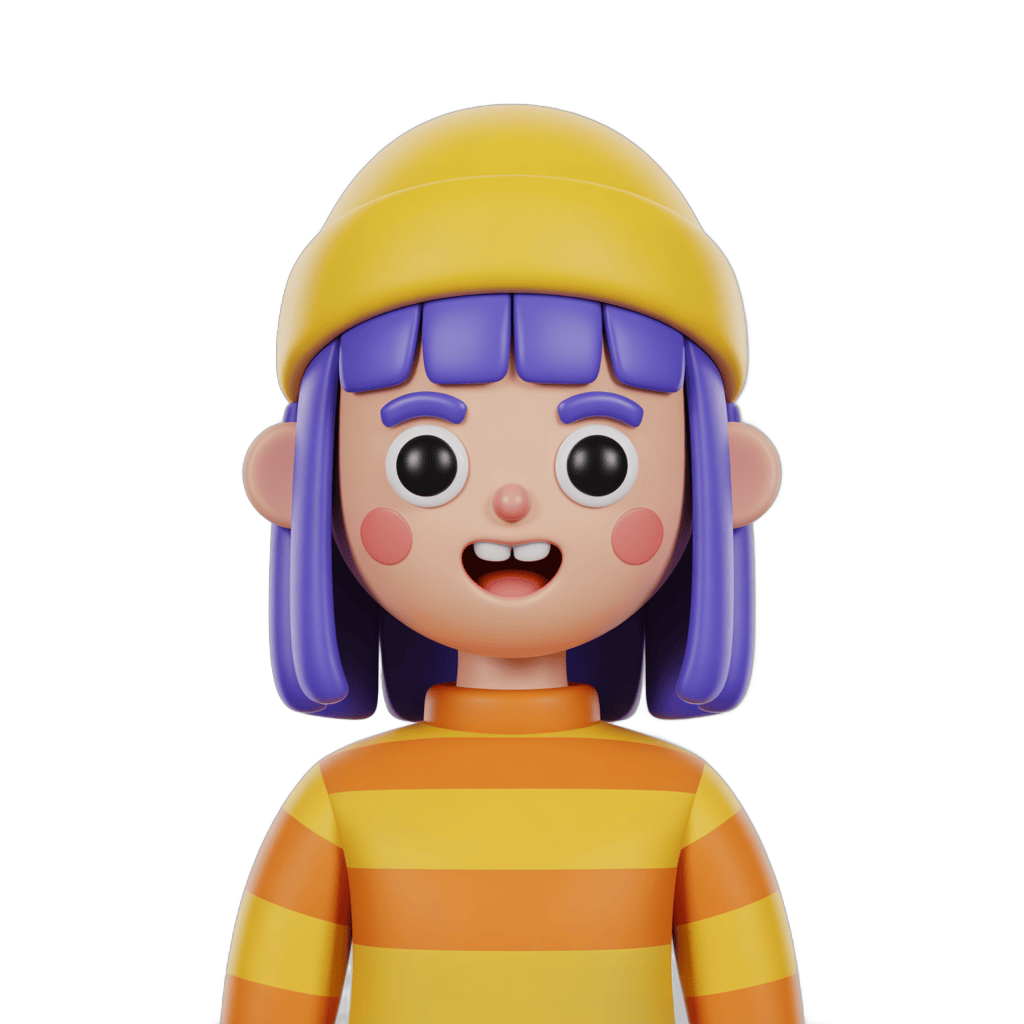 Happy cartoon girl with purple hair wearing yellow hard hat and striped shirt for construction education PNG - transparent background