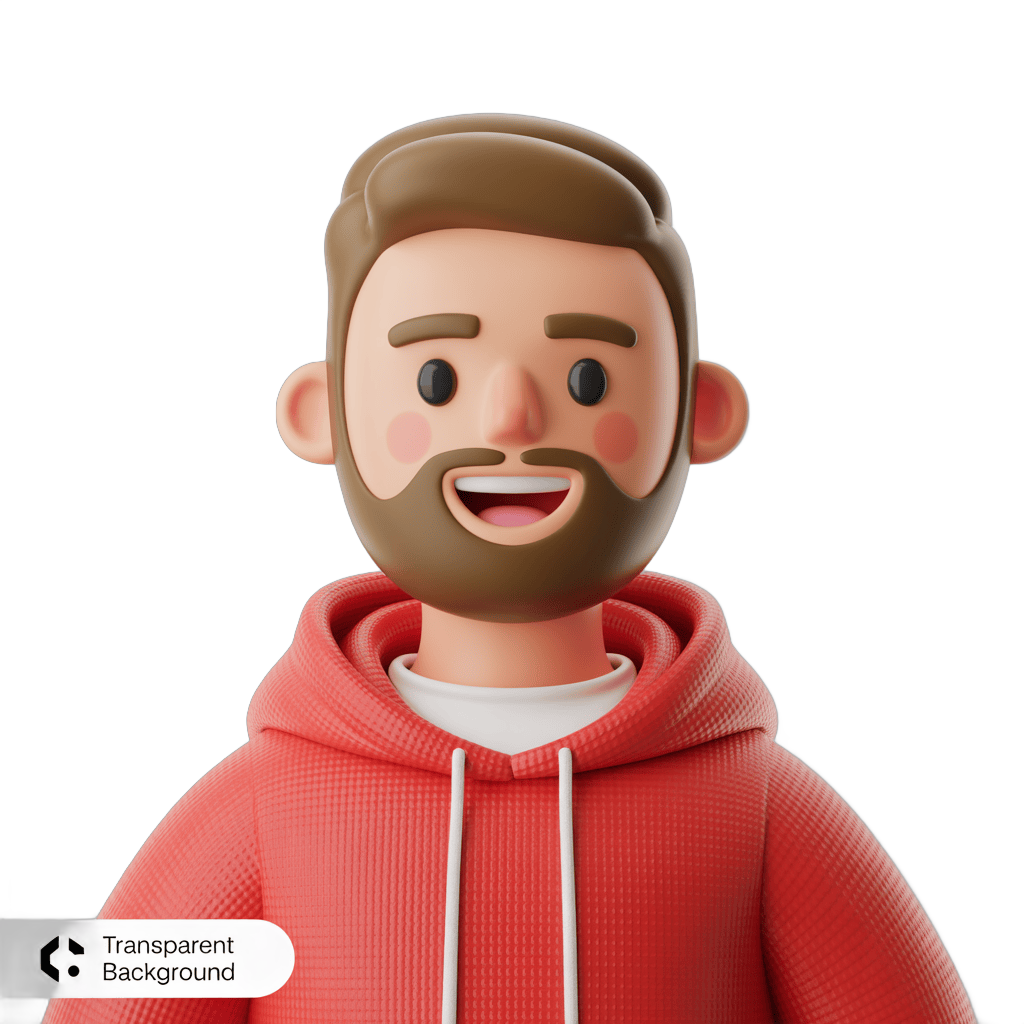 Happy cartoon man in red hoodie with transparent background for digital presentations and marketing PNG - transparent background
