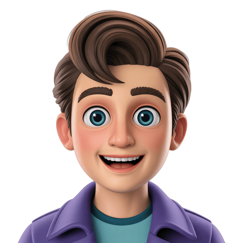 Happy cartoon man with curly hair in purple jacket for cheerful presentations and digital content PNG - transparent background