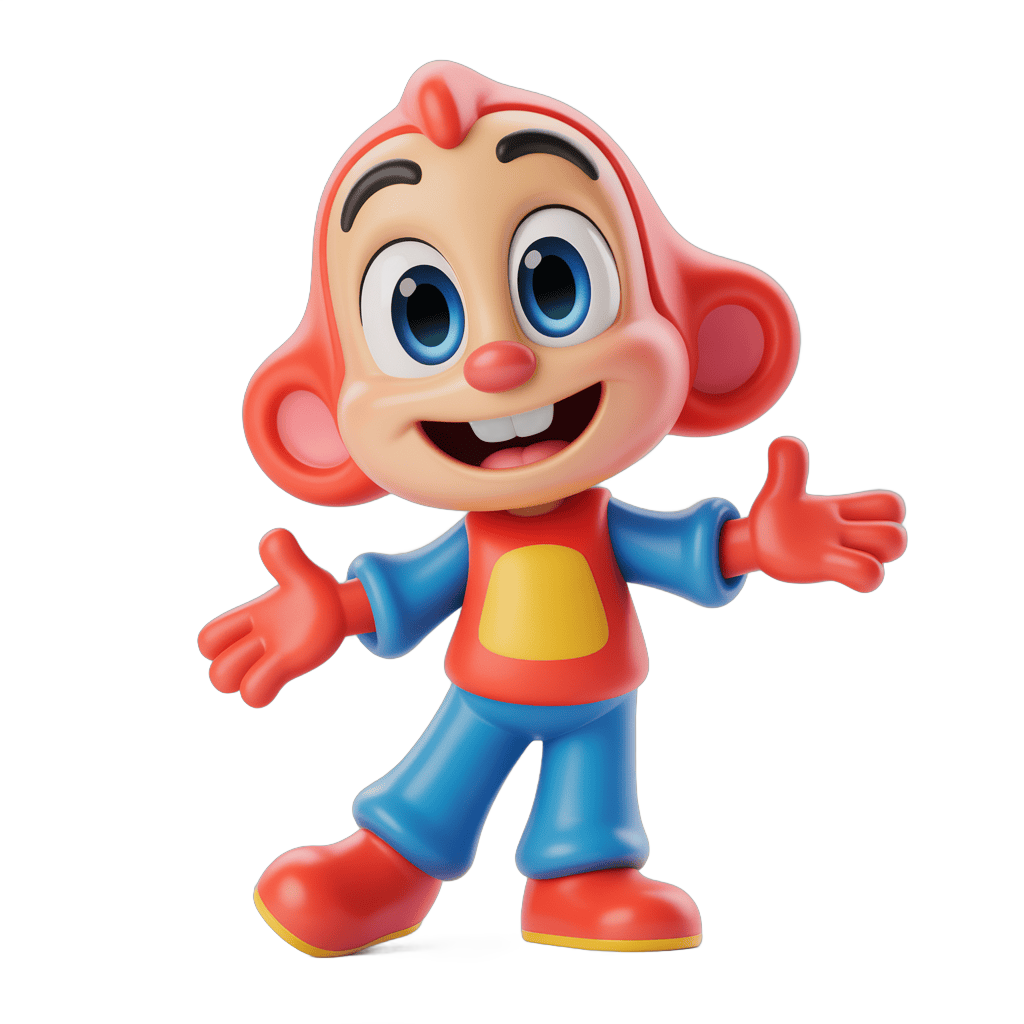Happy cartoon monkey character with arms outstretched for kids toys and illustrations PNG - transparent background