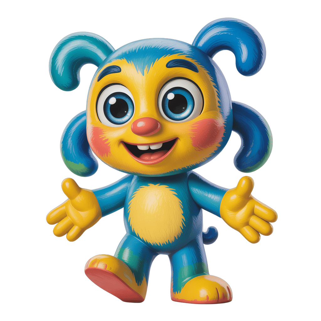 Happy cartoon monster character with blue pigtails waving arms isolated clipart PNG - transparent background
