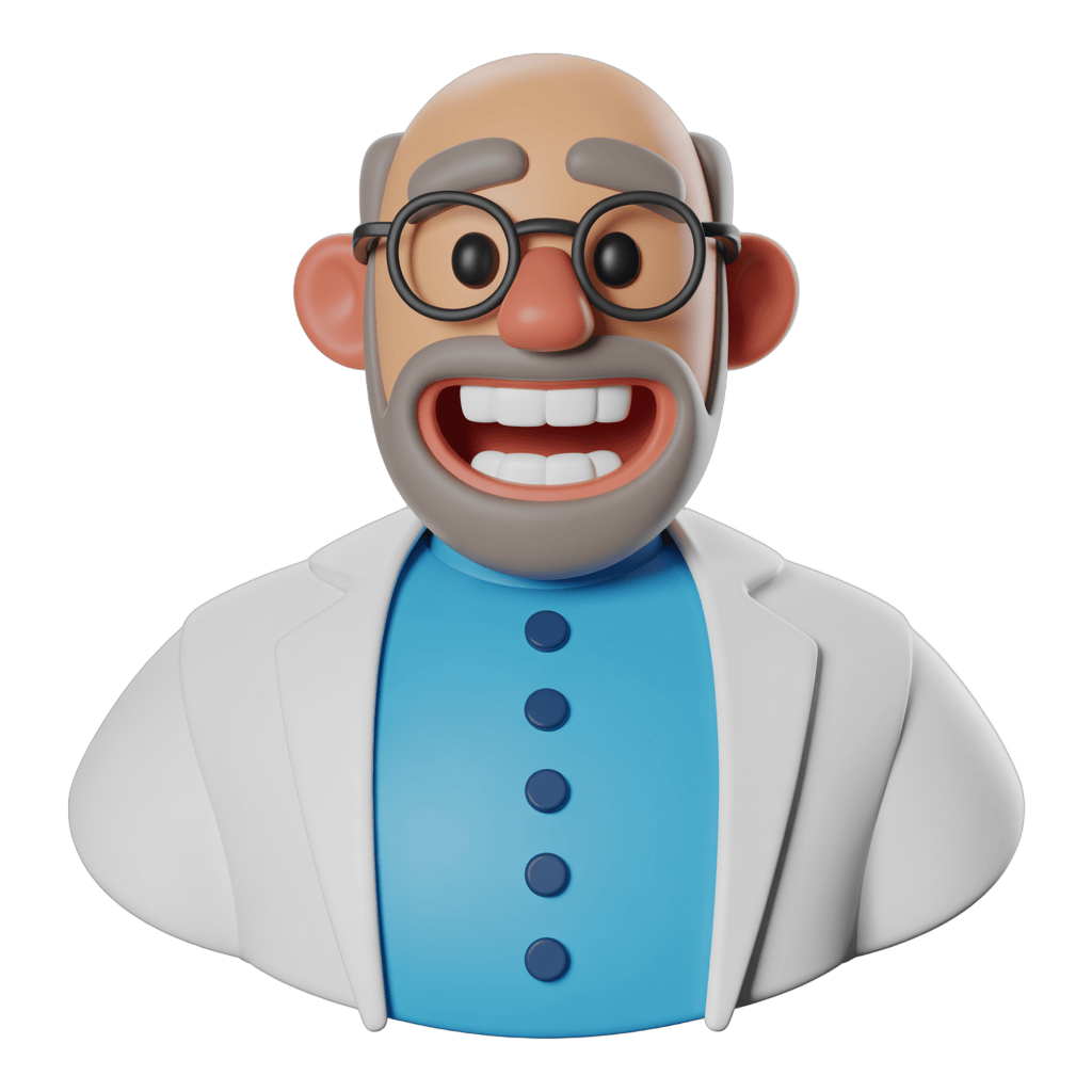 Happy cartoon scientist laughing in lab coat for presentations and educational content PNG - transparent background