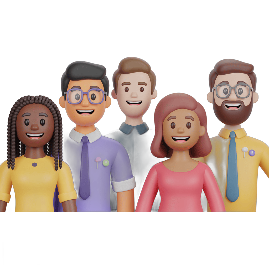 Happy diverse team of five professionals smiling together in office clipart PNG - transparent background