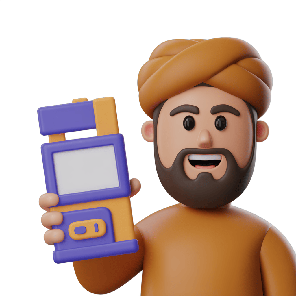 Happy man with vintage mobile phone showing screen isolated clipart for digital marketing and app promotion PNG - transparent background