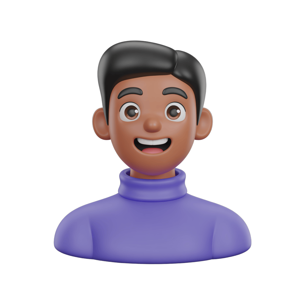 Happy smiling cartoon man avatar character with purple turtleneck for digital illustrations and graphics PNG - transparent background