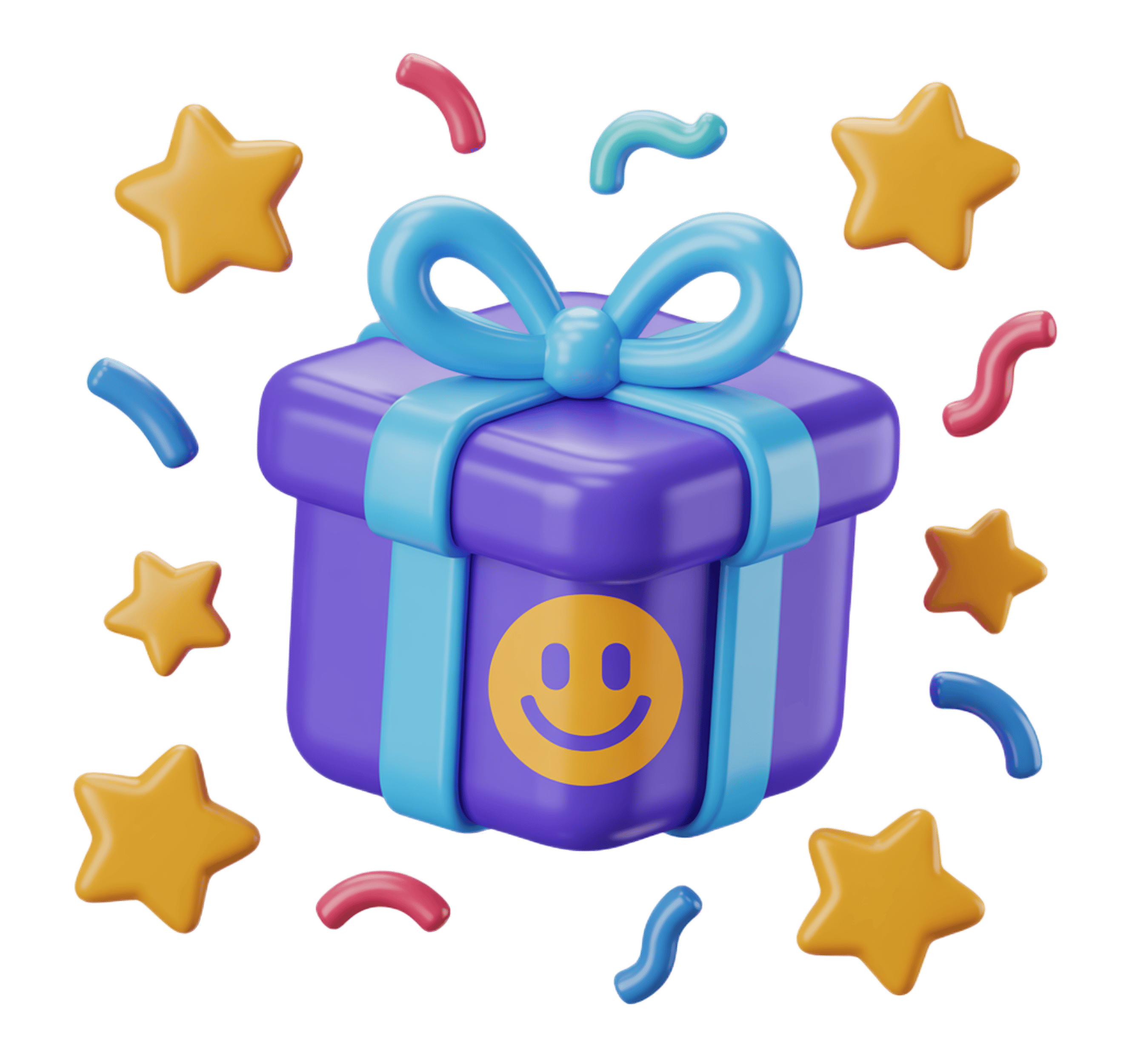Happy smiling gift box with bow and stars for celebration party decoration design PNG - transparent background