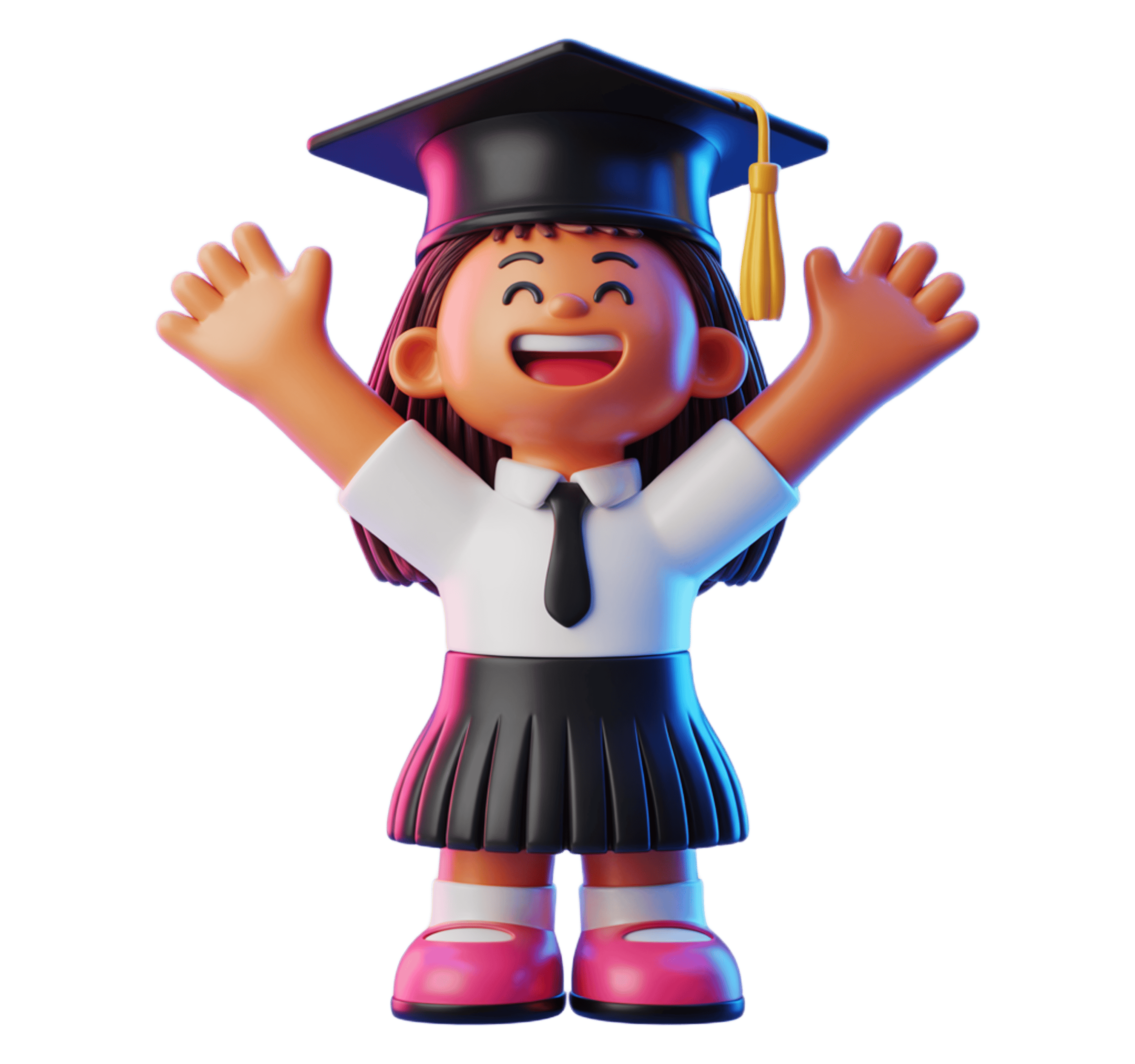 Happy young girl celebrating graduation with arms raised in school uniform and cap PNG - transparent background
