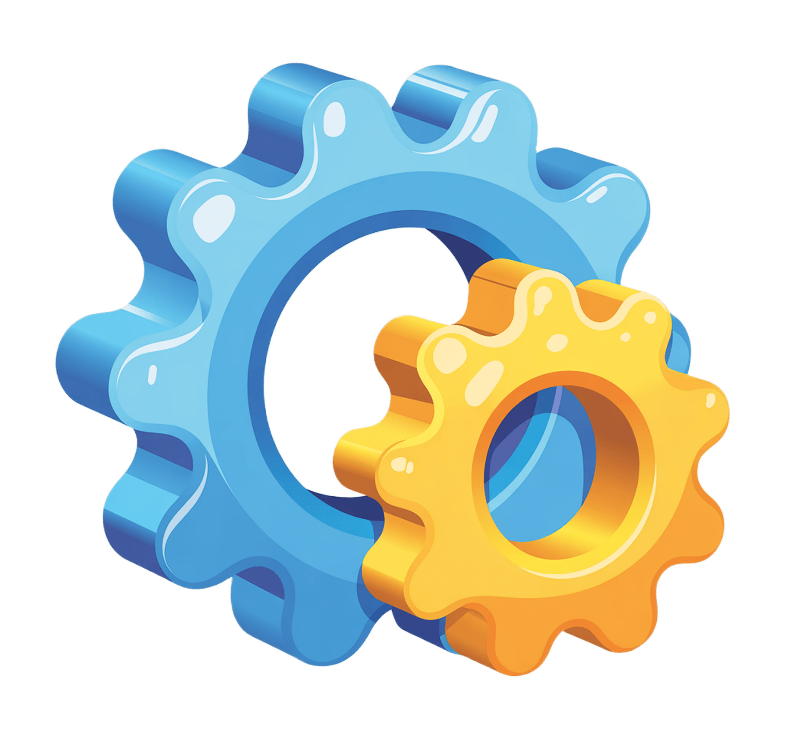 Interlocking blue and orange gears 3d clipart for business technology and engineering presentations PNG - transparent background