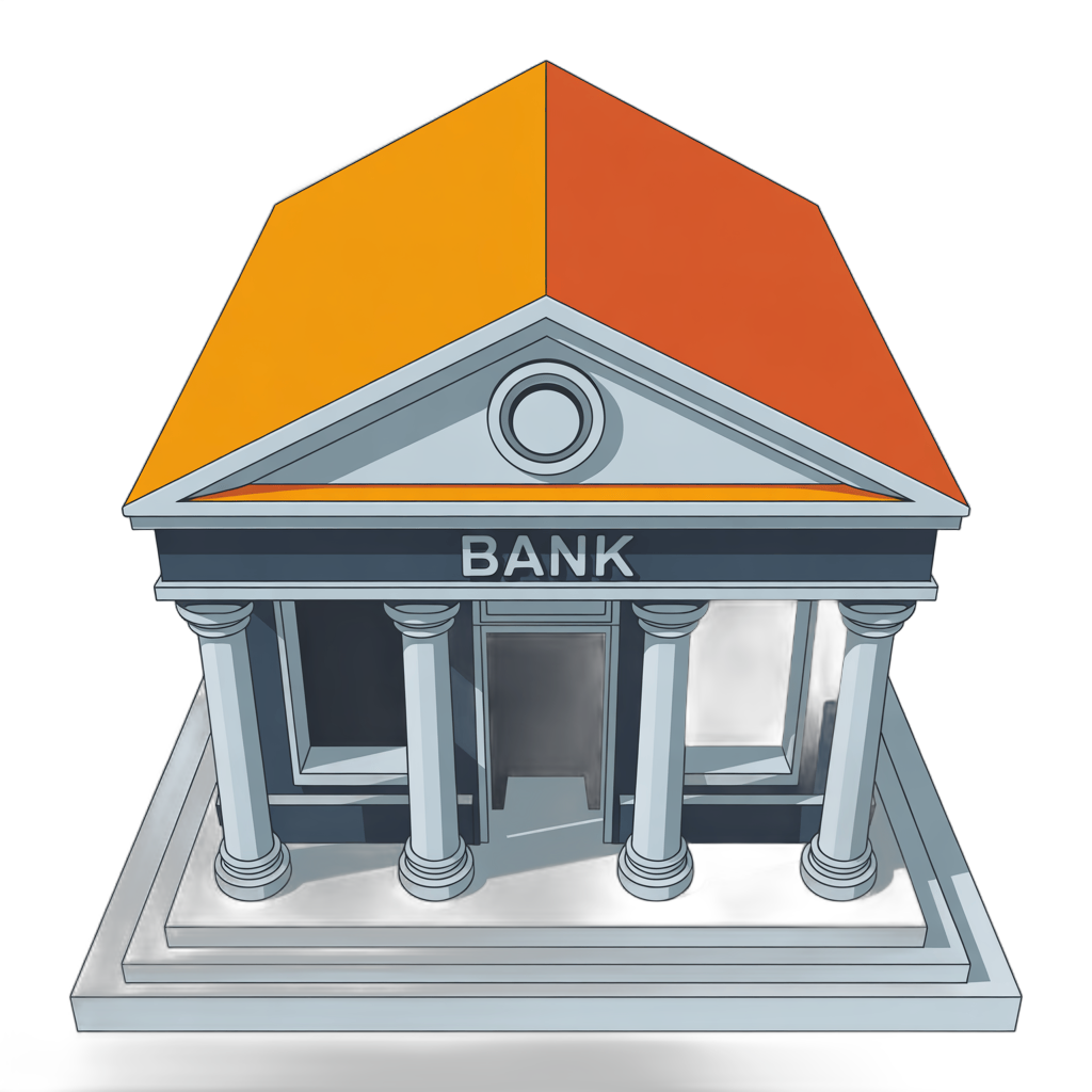 Isolated 3d bank building clipart graphic with pillars and orange roof for financial presentations PNG - transparent background
