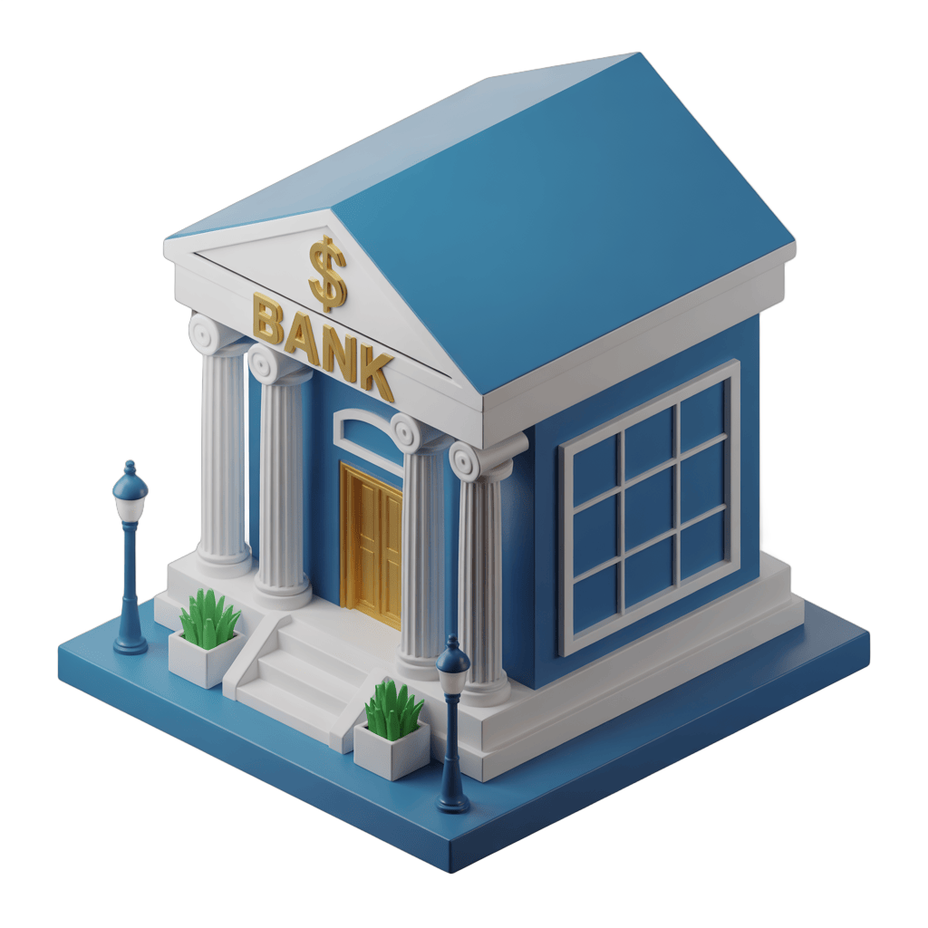 Isolated 3D bank building clipart with dollar sign for financial presentations and business graphics PNG - transparent background