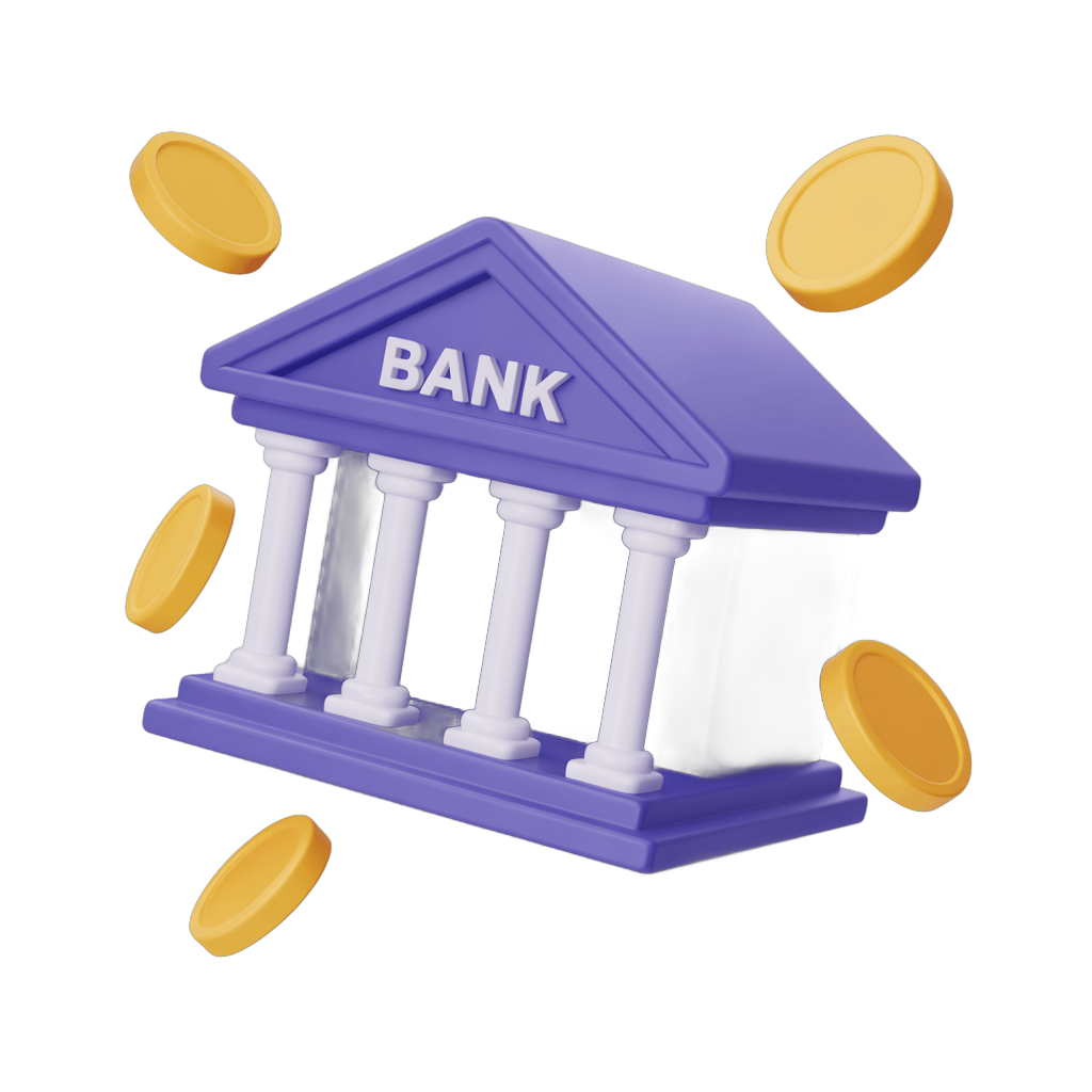Isolated 3d bank building clipart with floating gold coins for financial business marketing PNG - transparent background