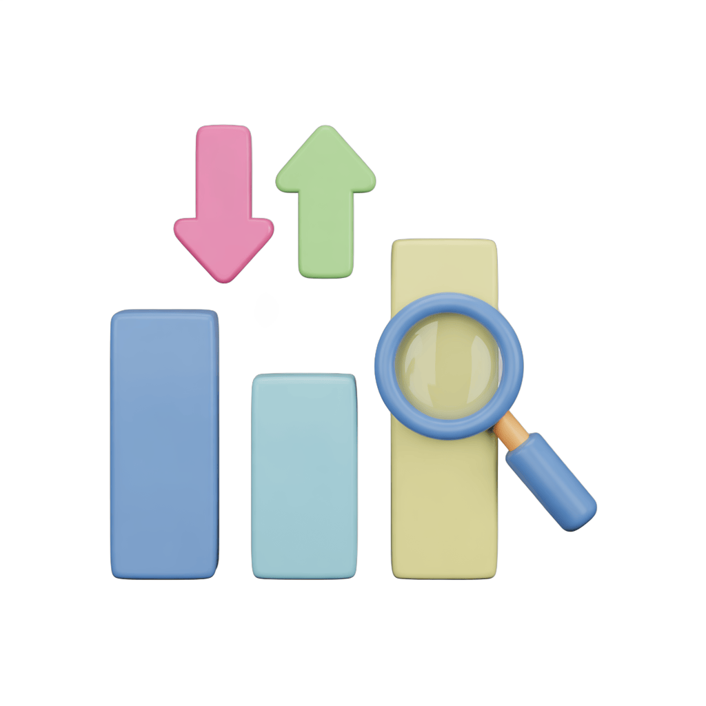 Isolated 3d bar chart icons with upward and downward arrows and magnifying glass for business analytics presentation PNG - transparent background