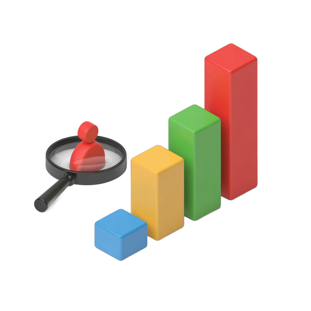 Isolated 3d bar chart with magnifying glass and person icon for business analytics and growth metrics PNG - transparent background