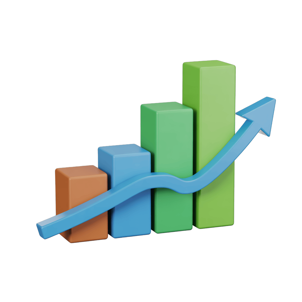 Isolated 3d bar chart with upward growth arrow for business success and financial progress presentations PNG - transparent background
