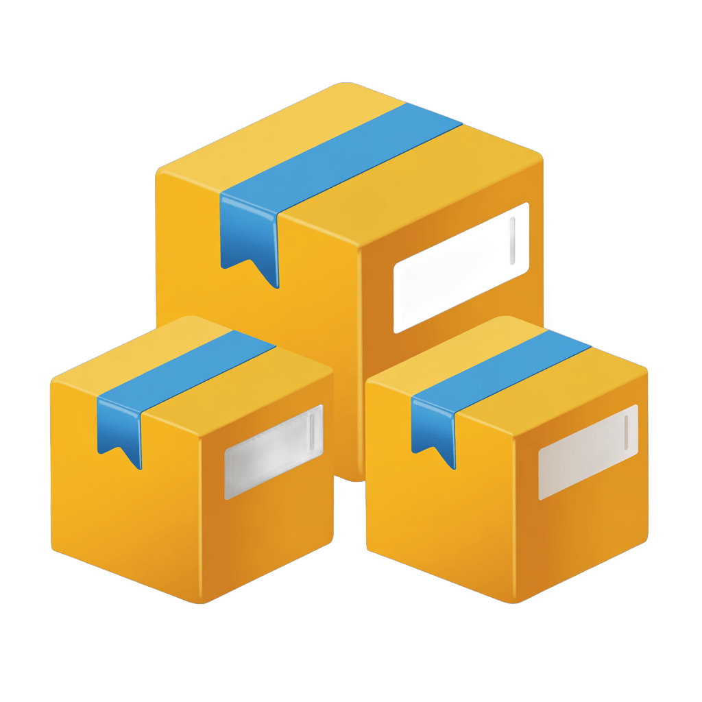 Isolated 3d cartoon delivery boxes with blue shipping tags for ecommerce packaging design and branding PNG - transparent background