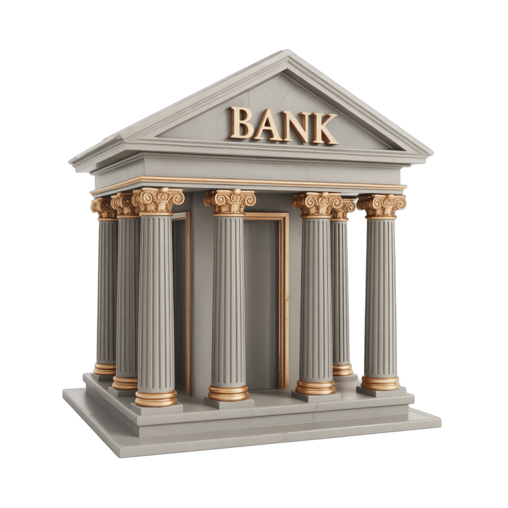 Isolated 3D clipart bank building with columns for financial business presentations and websites PNG - transparent background