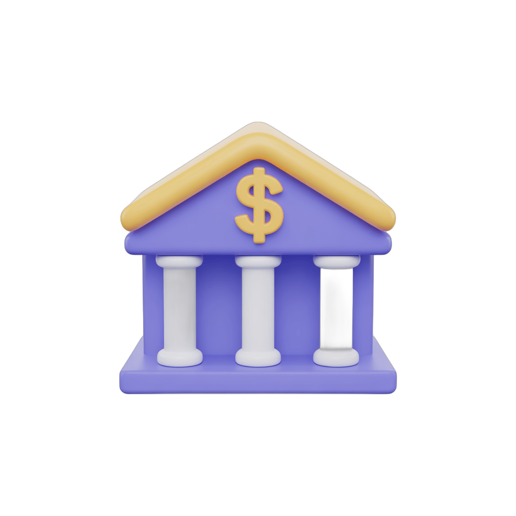 Isolated 3d clipart graphic of a classical bank building with dollar sign symbol for financial business marketing PNG - transparent background