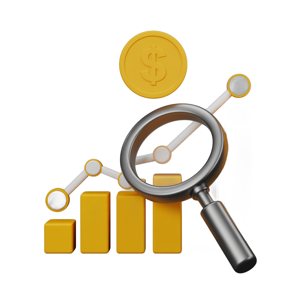 Isolated 3d clipart graphic of magnifying glass analyzing growing bar chart with dollar coin symbol for business success and financial growth PNG - transparent background