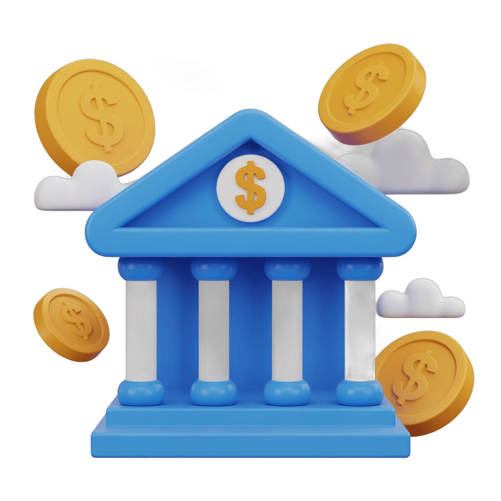 Isolated 3d clipart illustration of classical bank building with dollar coins floating around for financial business presentations PNG - transparent background