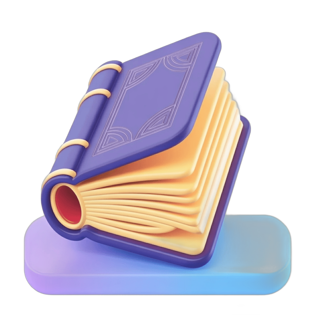 Isolated 3D clipart of an open vintage book with decorative cover resting on a colorful base PNG - transparent background