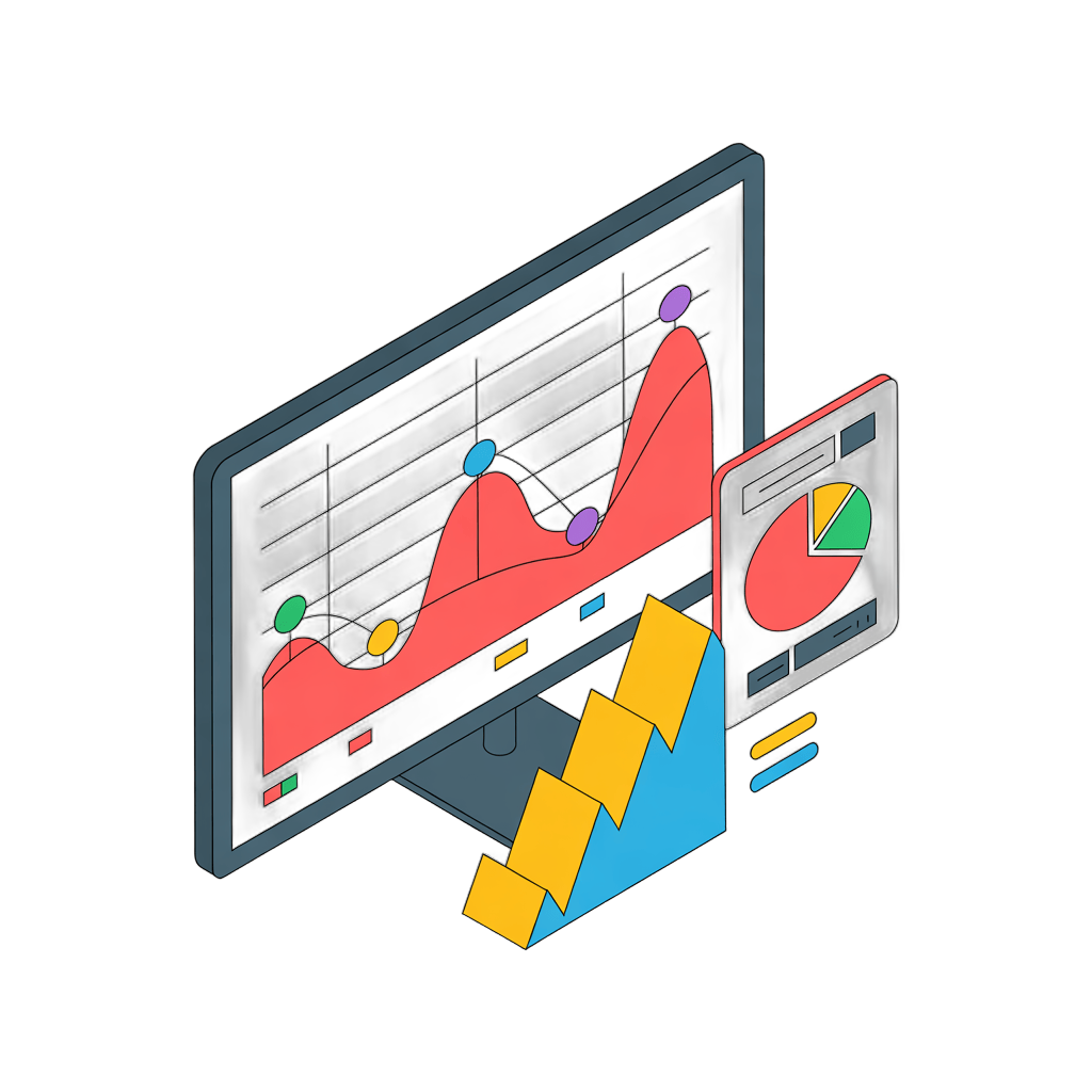 Isolated 3d clipart of computer screens showing growth chart and pie chart for business analytics and marketing reports PNG - transparent background