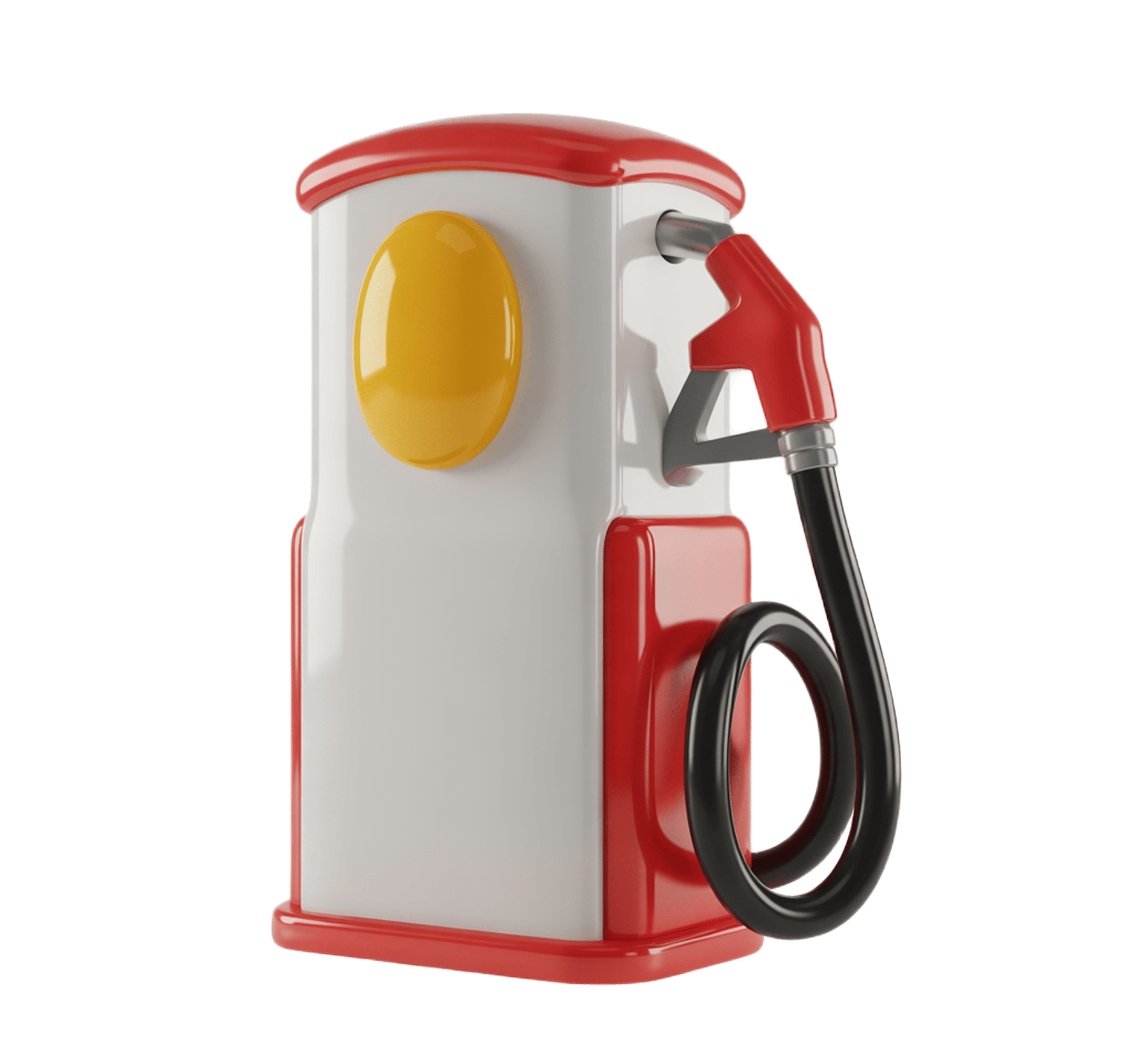 Isolated 3d gas pump icon with red handle and yellow logo for fuel station graphics PNG - transparent background