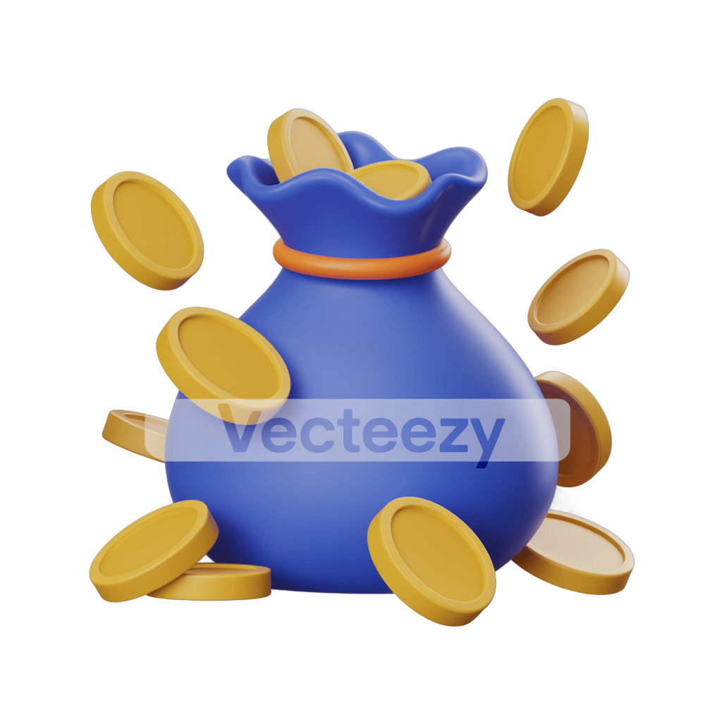 Isolated 3D money bag with gold coins flying out for financial success marketing designs PNG - transparent background
