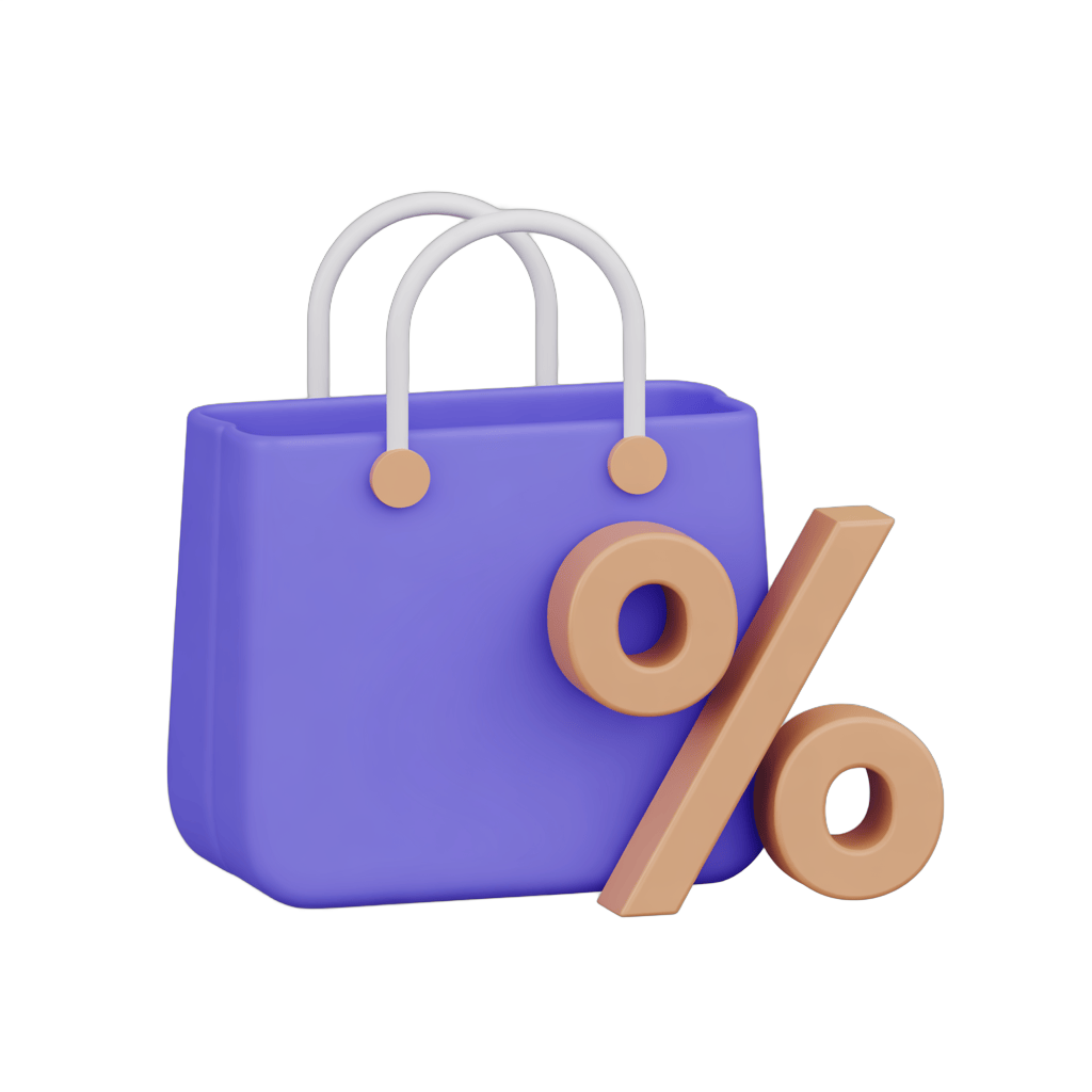 Isolated 3d shopping bag with discount percentage symbol for online deals and sale promotions PNG - transparent background