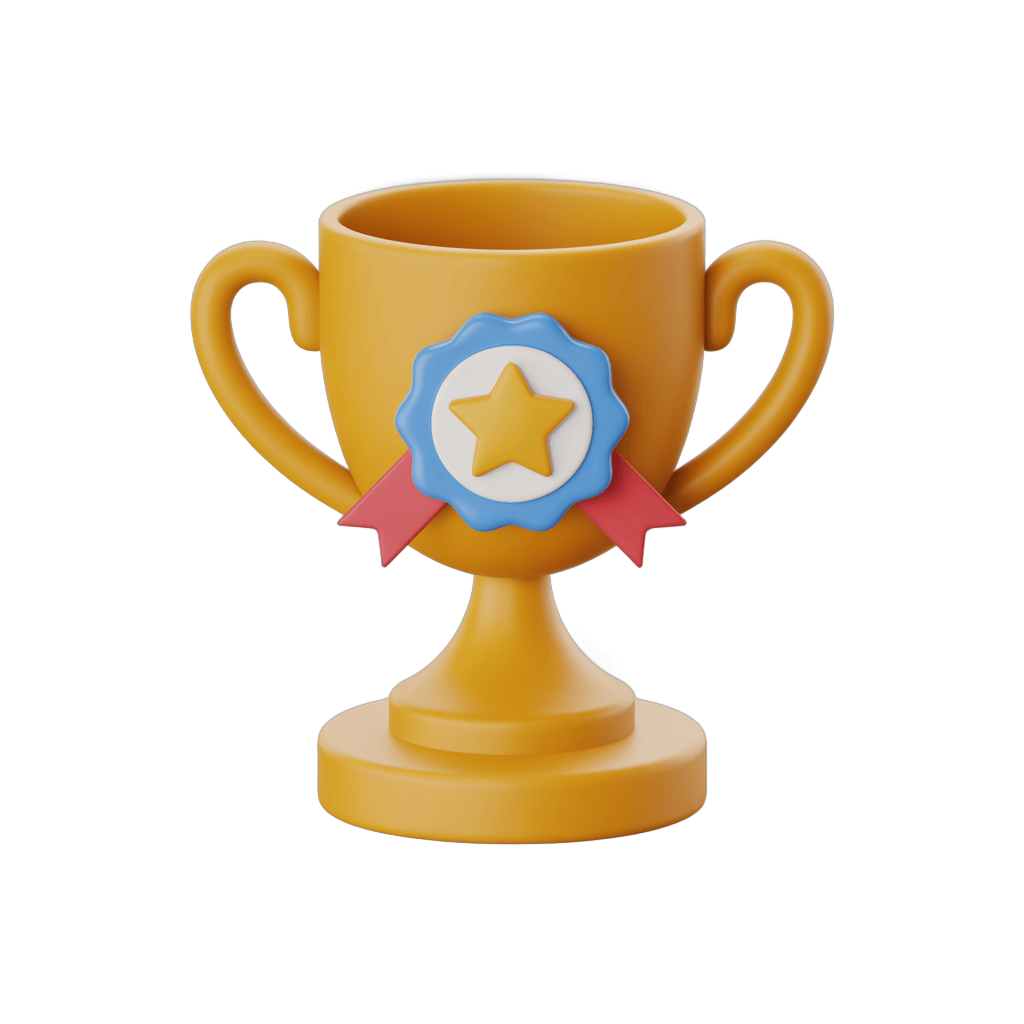 Isolated 3d trophy cup with star badge and ribbons for achievement awards and success celebrations PNG - transparent background