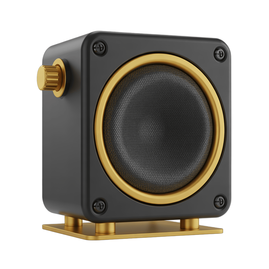 Isolated black and gold vintage style speaker graphic element for presentations and branding PNG - transparent background