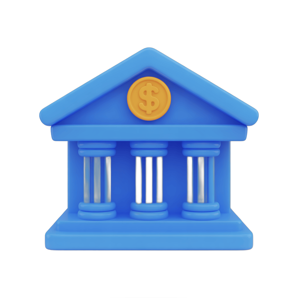 Isolated blue 3d bank building clipart with dollar sign symbol for financial business graphics PNG - transparent background