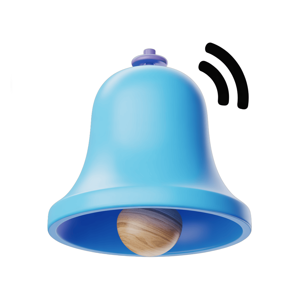 Isolated blue notification bell with wooden clapper sound wave icon for alerts and alerts PNG - transparent background