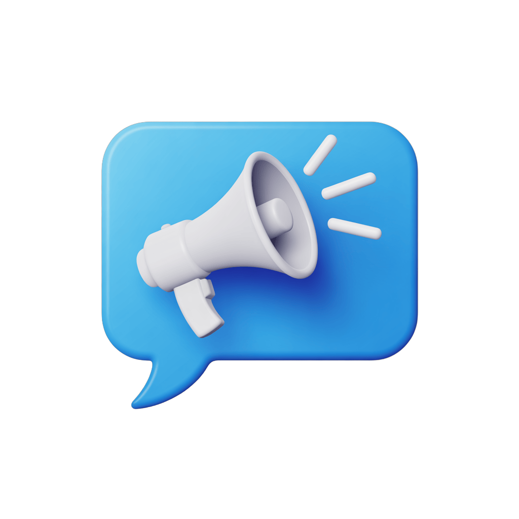 Isolated blue speech bubble with megaphone graphic element for announcements and alerts PNG - transparent background